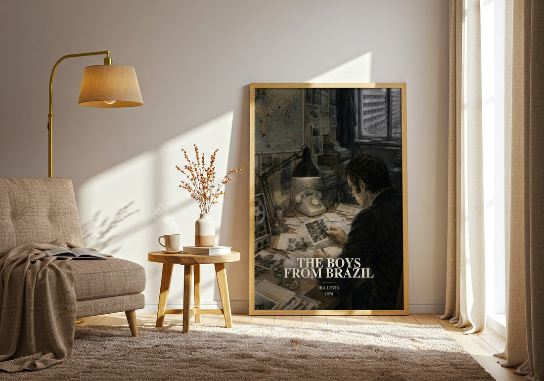 The Boys From Brazil watercolour print in frame leaning in hallway – thriller wall art (mockup)