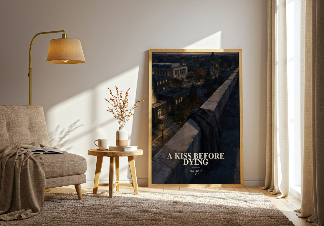 A Kiss Before Dying watercolour print in frame leaning in hallway – thriller wall art (mockup)