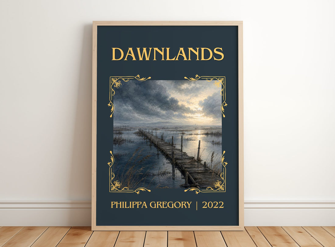 Dawnlands Classic Book Art Print by Philippa Gregory – framed print leaning on a wooden floor