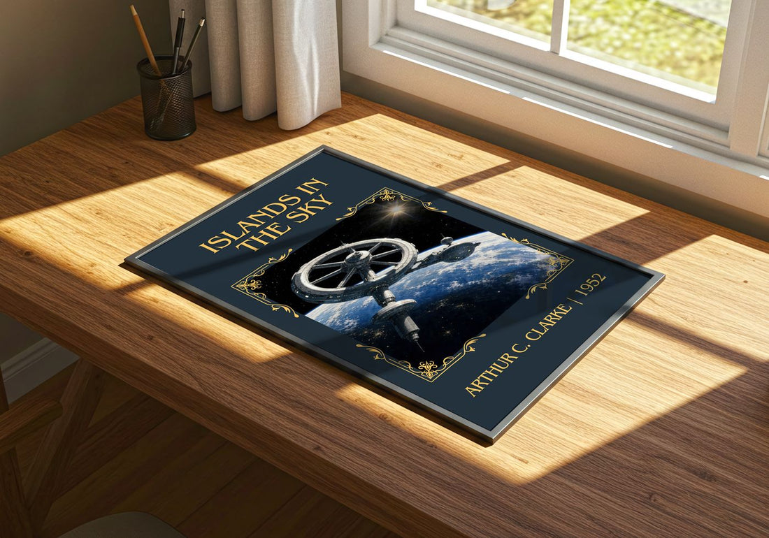 Islands in the Sky Classic Book Art Print by Arthur C. Clarke – print on a sunlit desk