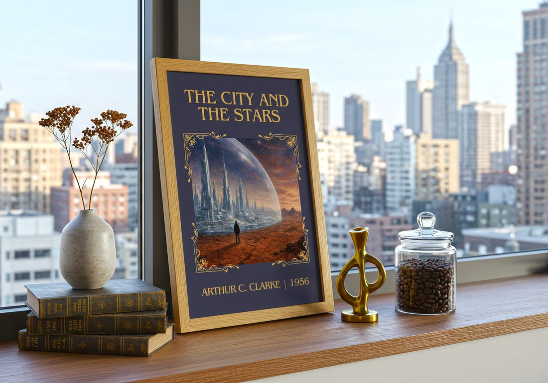 The City and the Stars Classic Book Art Print by Arthur C. Clarke – framed print on a city-view windowsill