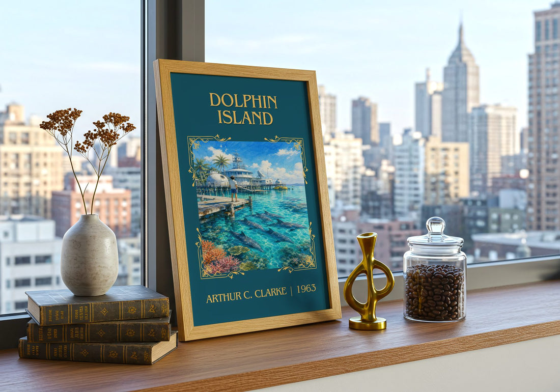 Dolphin Island Classic Book Art Print by Arthur C. Clarke – framed print on a city-view windowsill
