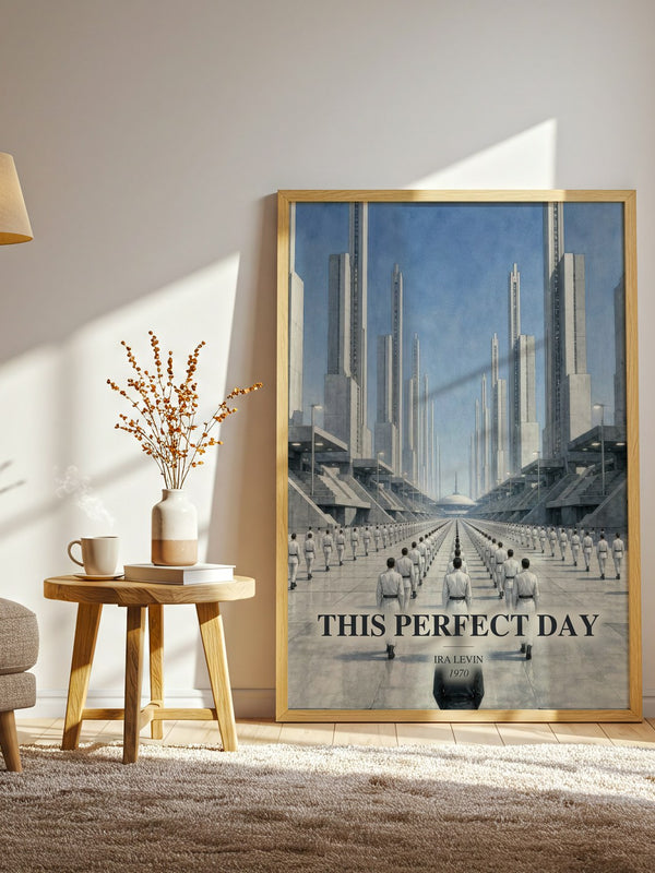 This Perfect Day watercolour print in frame leaning in hallway – dystopian wall art