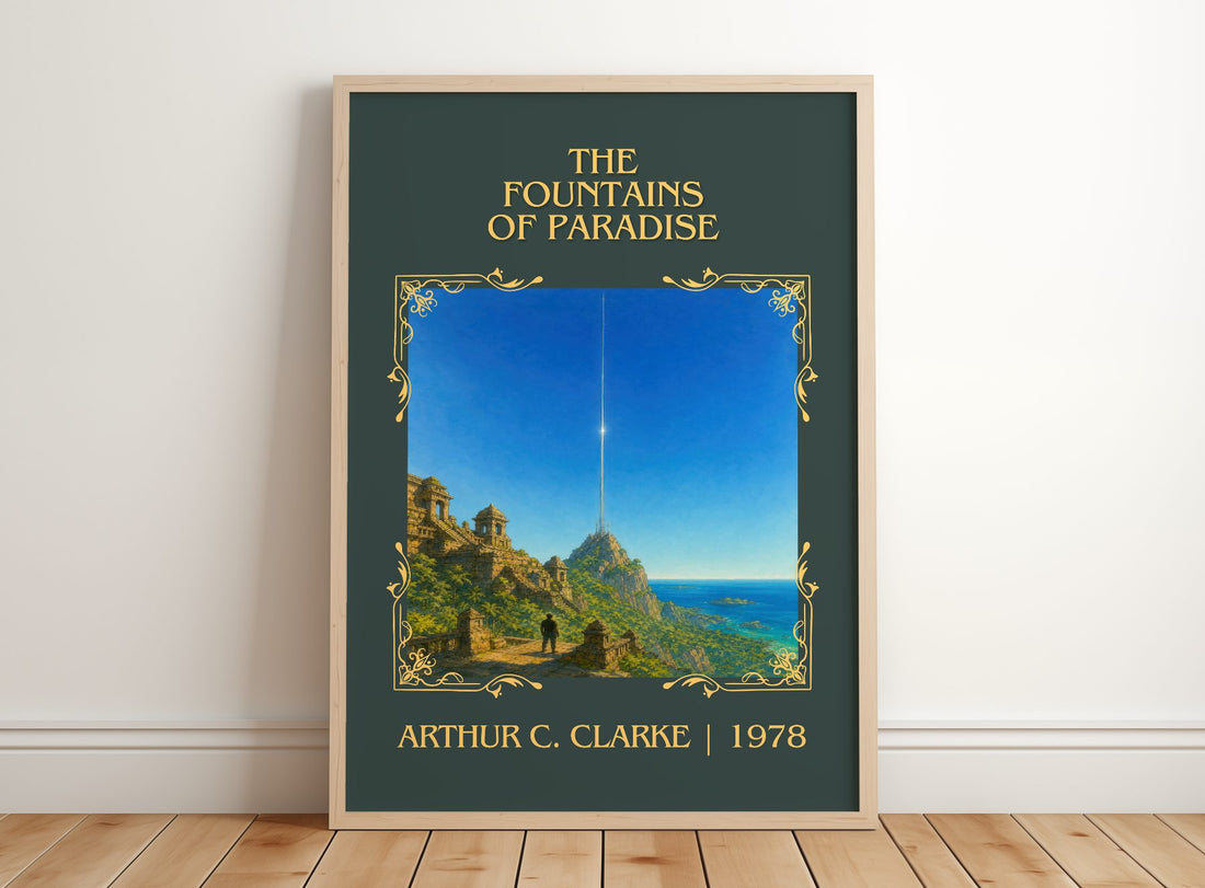 The Fountains of Paradise Classic Book Art Print by Arthur C. Clarke – framed print leaning on a wooden floor