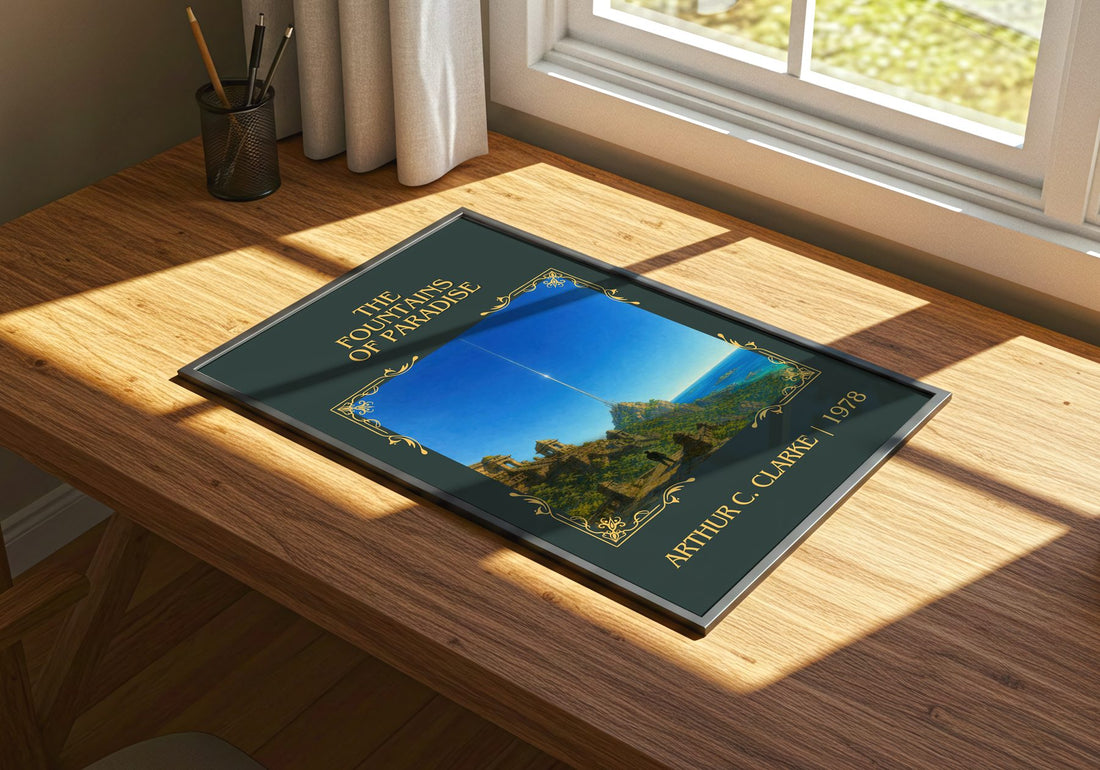 The Fountains of Paradise Classic Book Art Print by Arthur C. Clarke – print on a sunlit desk