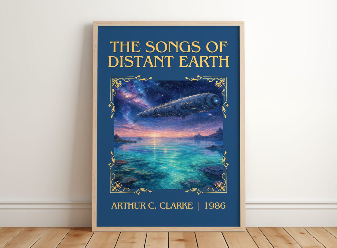 The Songs of Distant Earth Classic Book Art Print by Arthur C. Clarke – framed print leaning on a wooden floor