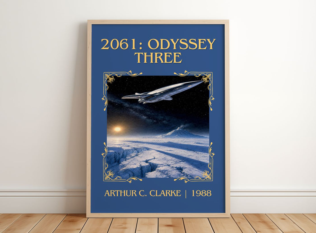 2061: Odyssey Three Classic Book Art Print by Arthur C. Clarke – framed print leaning on a wooden floor