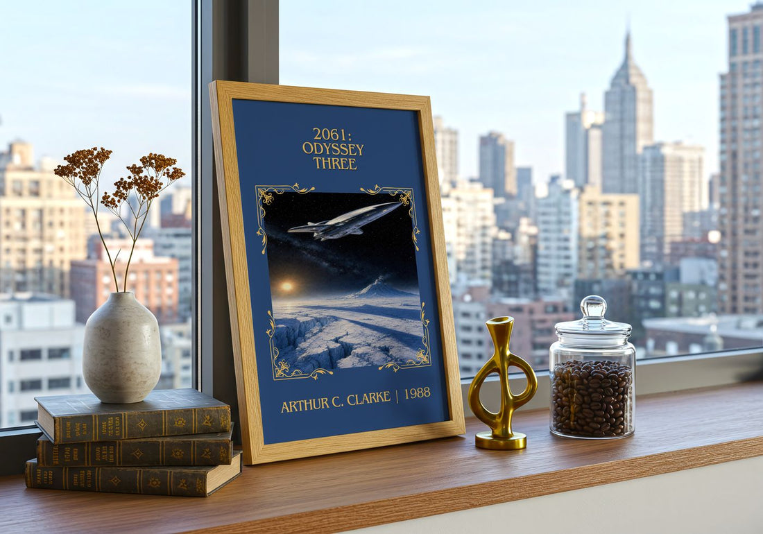2061: Odyssey Three Classic Book Art Print by Arthur C. Clarke – framed print on a city-view windowsill