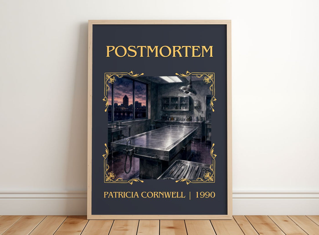 Postmortem Classic Book Art Print by Patricia Cornwell – framed print leaning on a wooden floor