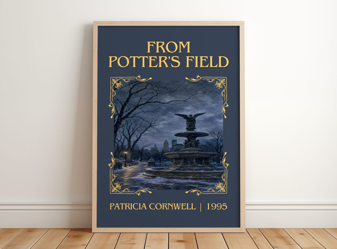 From Potter's Field Classic Book Art Print by Patricia Cornwell – framed print leaning on a wooden floor