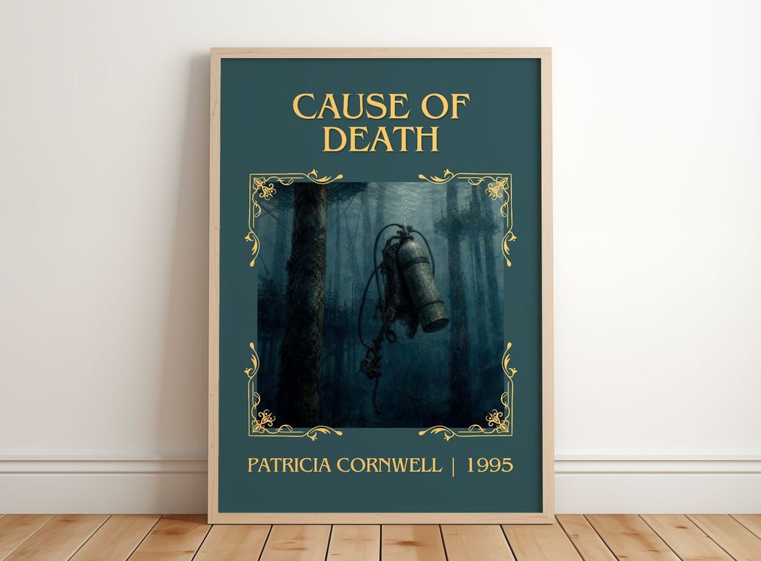 Cause of Death Classic Book Art Print by Patricia Cornwell – framed print leaning on a wooden floor
