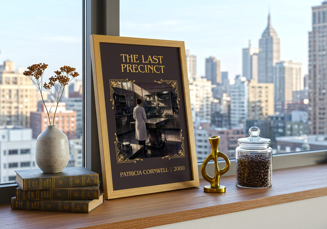 The Last Precinct Classic Book Art Print by Patricia Cornwell – framed print on a city-view windowsill