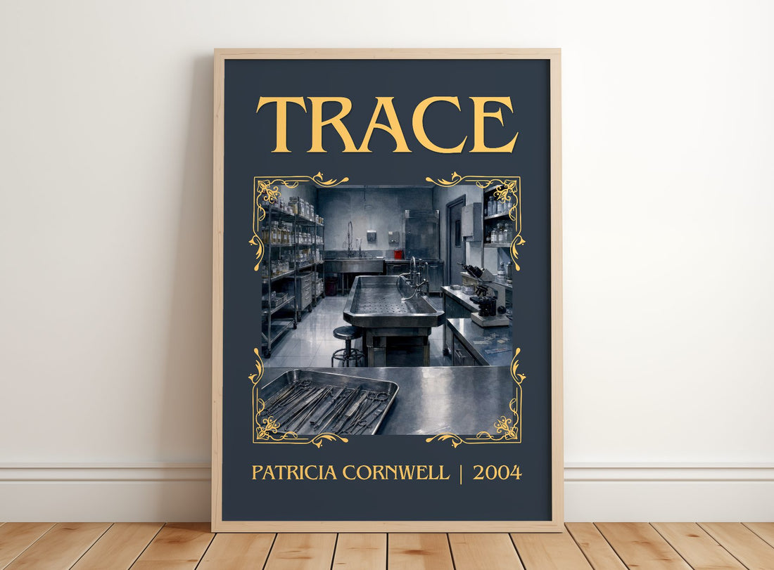 Trace Classic Book Art Print by Patricia Cornwell – framed print leaning on a wooden floor