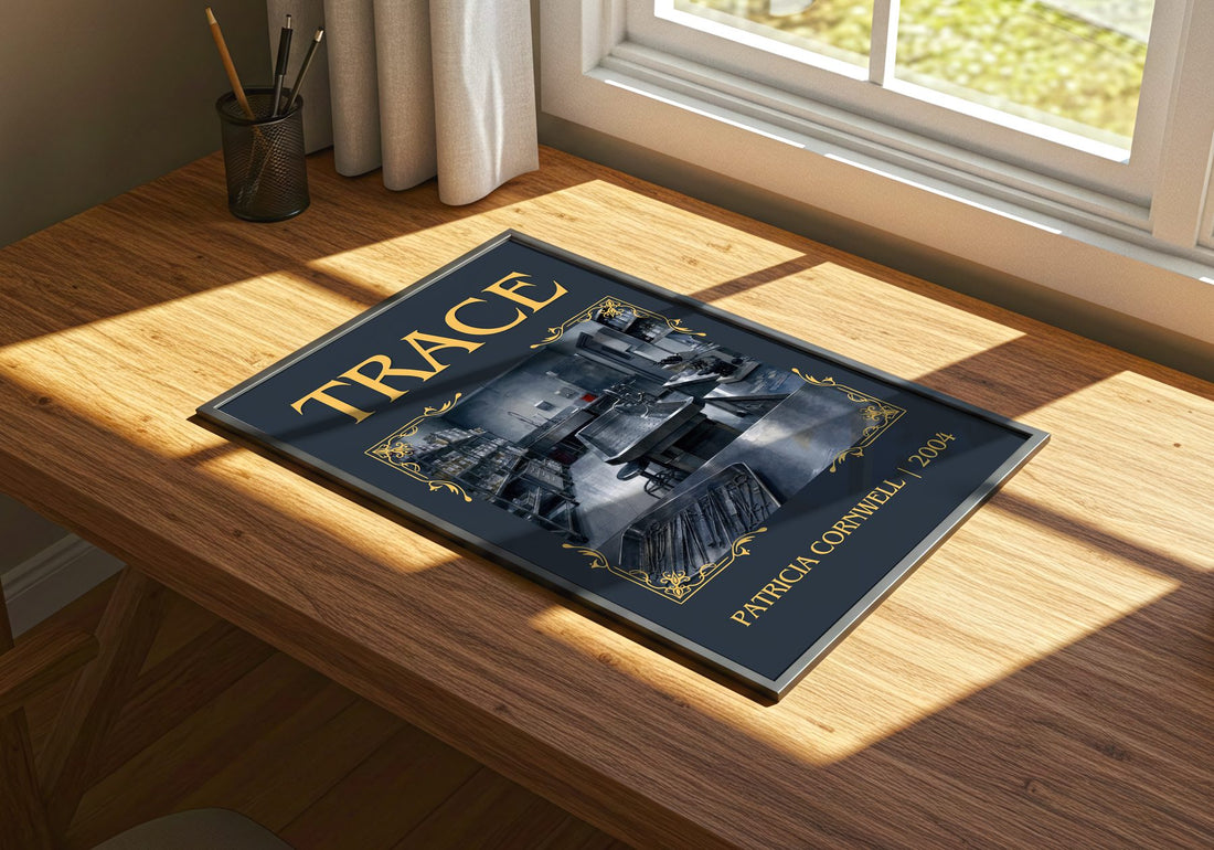 Trace Classic Book Art Print by Patricia Cornwell – print on a sunlit desk