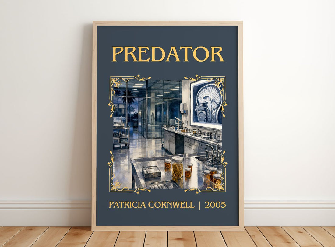 Predator Classic Book Art Print by Patricia Cornwell – framed print leaning on a wooden floor
