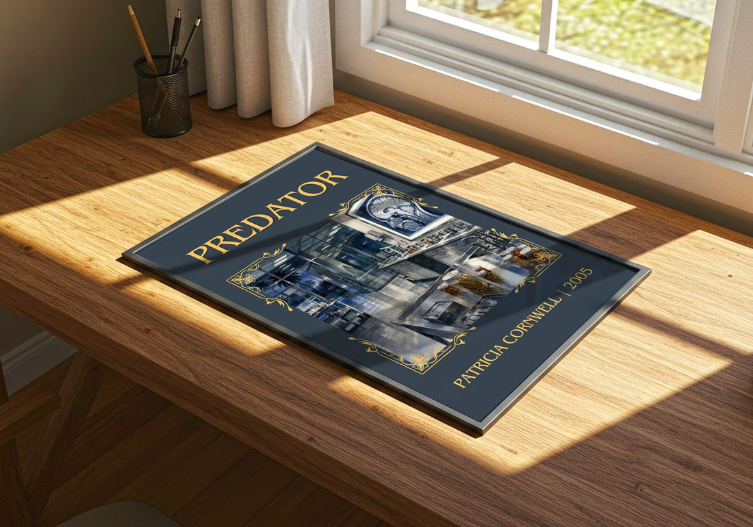 Predator Classic Book Art Print by Patricia Cornwell – print on a sunlit desk