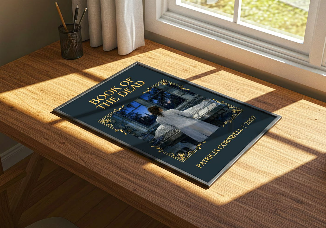 Book of the Dead Classic Book Art Print by Patricia Cornwell – print on a sunlit desk