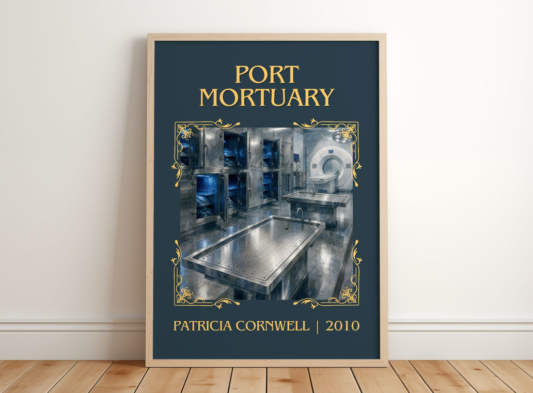 Port Mortuary Classic Book Art Print by Patricia Cornwell – framed print leaning on a wooden floor