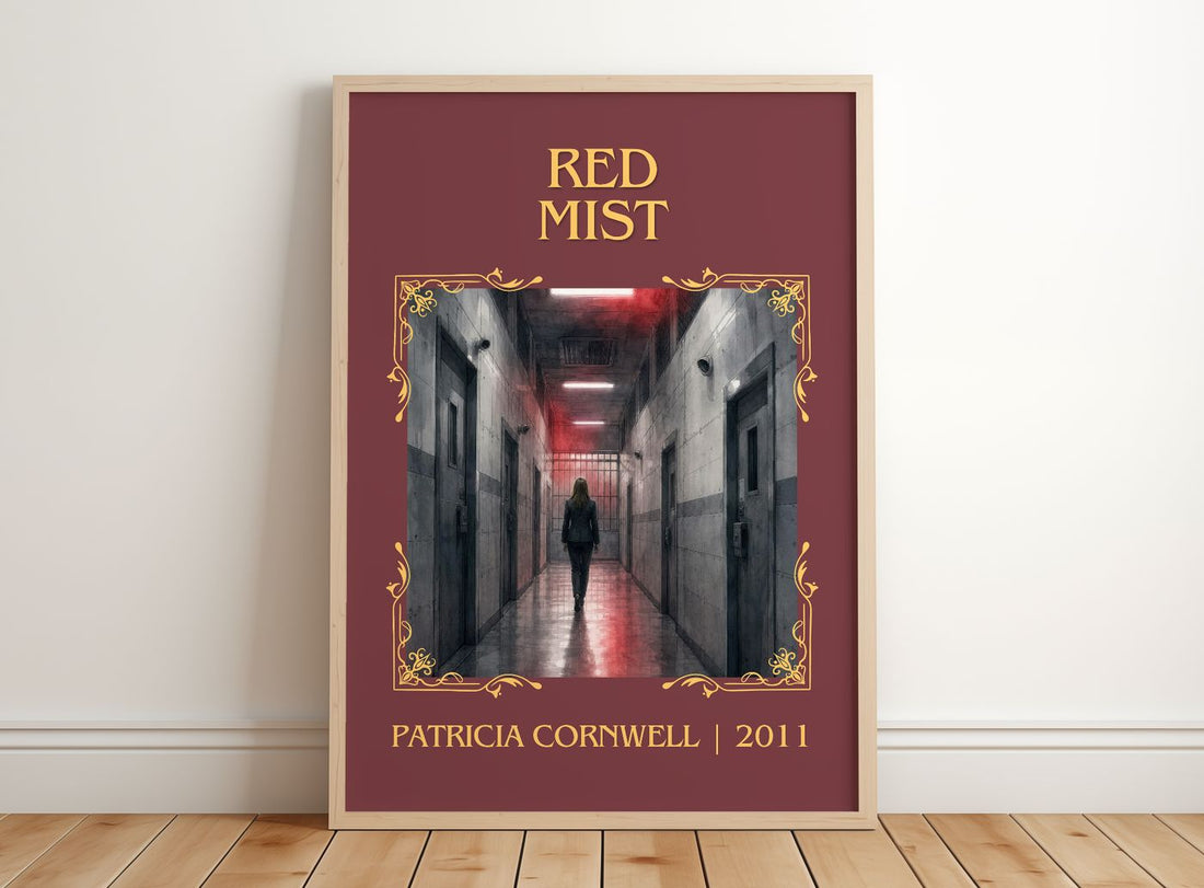 Red Mist Classic Book Art Print by Patricia Cornwell – framed print leaning on a wooden floor