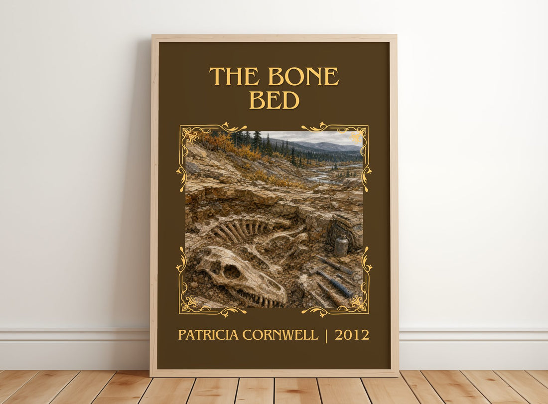 The Bone Bed Classic Book Art Print by Patricia Cornwell – framed print leaning on a wooden floor