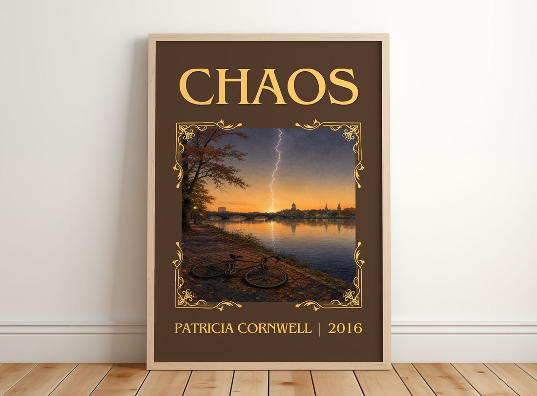 Chaos Classic Book Art Print by Patricia Cornwell – framed print leaning on a wooden floor