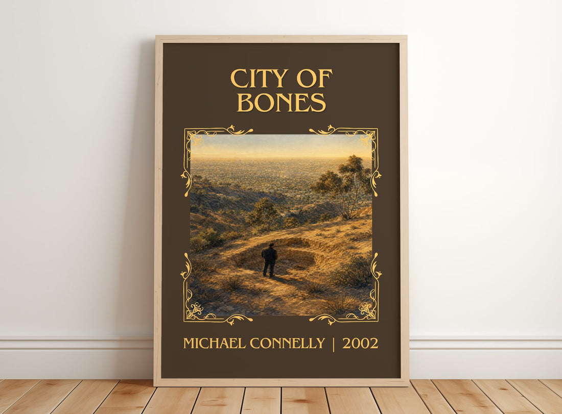 City of Bones Classic Book Art Print by Michael Connelly – framed print leaning on a wooden floor