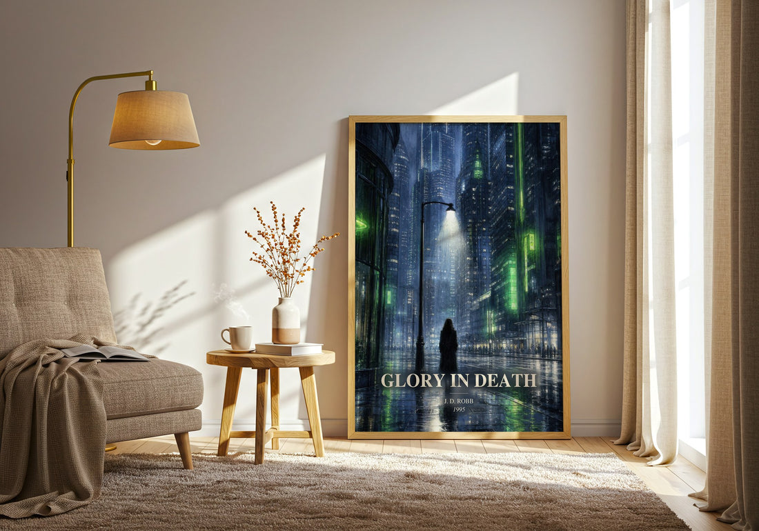Glory In Death watercolour print in frame leaning in hallway – mystery wall art (mockup)