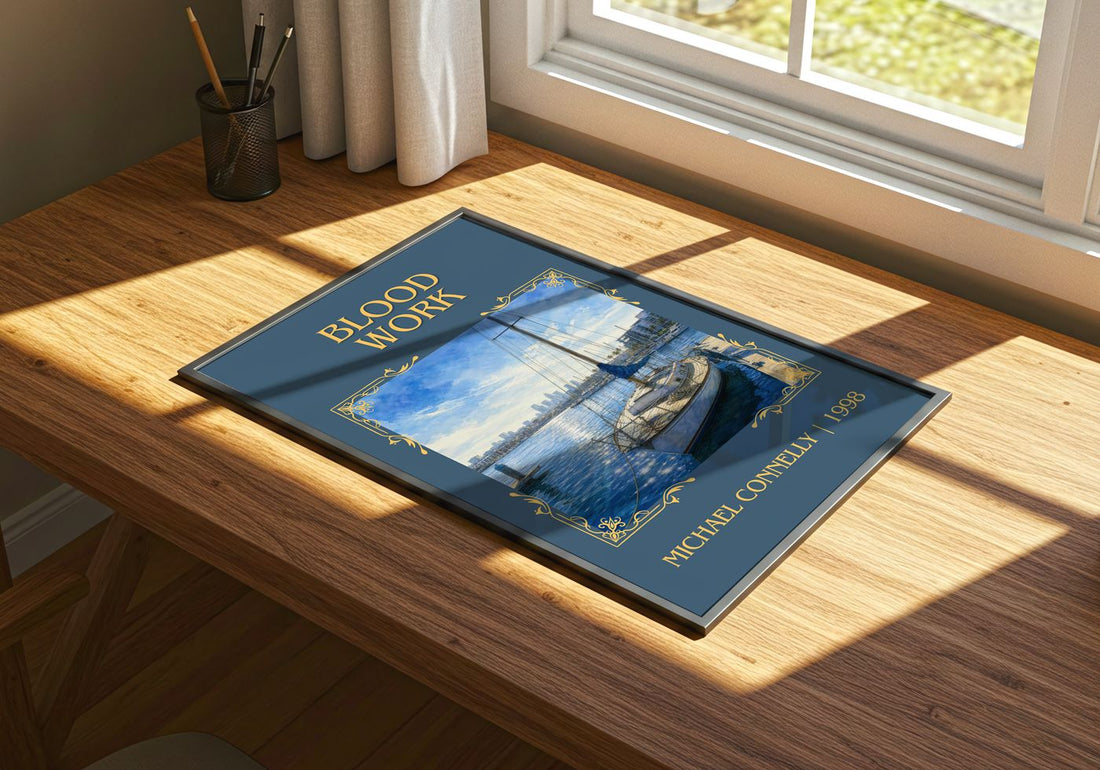 Blood Work Classic Book Art Print by Michael Connelly – print on a sunlit desk