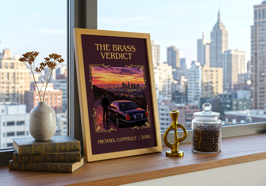 The Brass Verdict Classic Book Art Print by Michael Connelly – framed print on a city-view windowsill