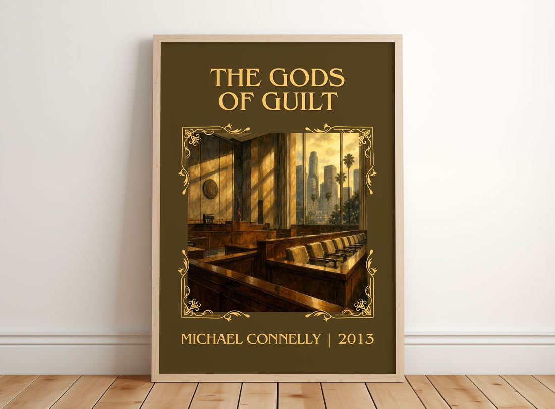 The Gods of Guilt Classic Book Art Print by Michael Connelly – framed print leaning on a wooden floor