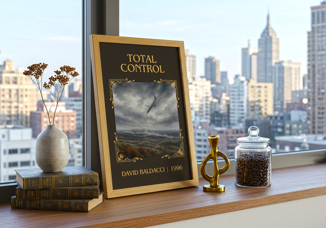 Total Control Classic Book Art Print by David Baldacci – framed print on a city-view windowsill