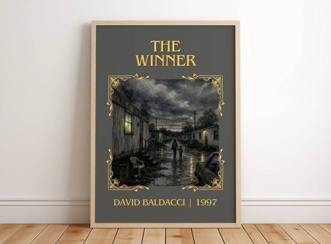The Winner Classic Book Art Print by David Baldacci – framed print leaning on a wooden floor