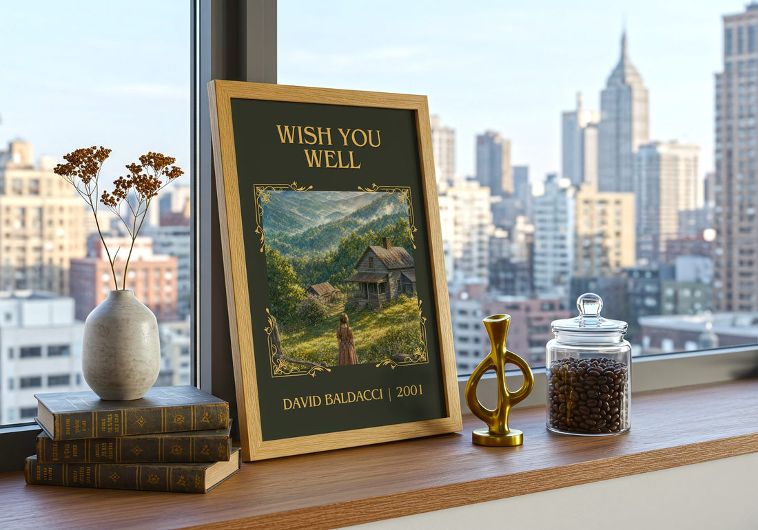 Wish You Well Classic Book Art Print by David Baldacci – framed print on a city-view windowsill