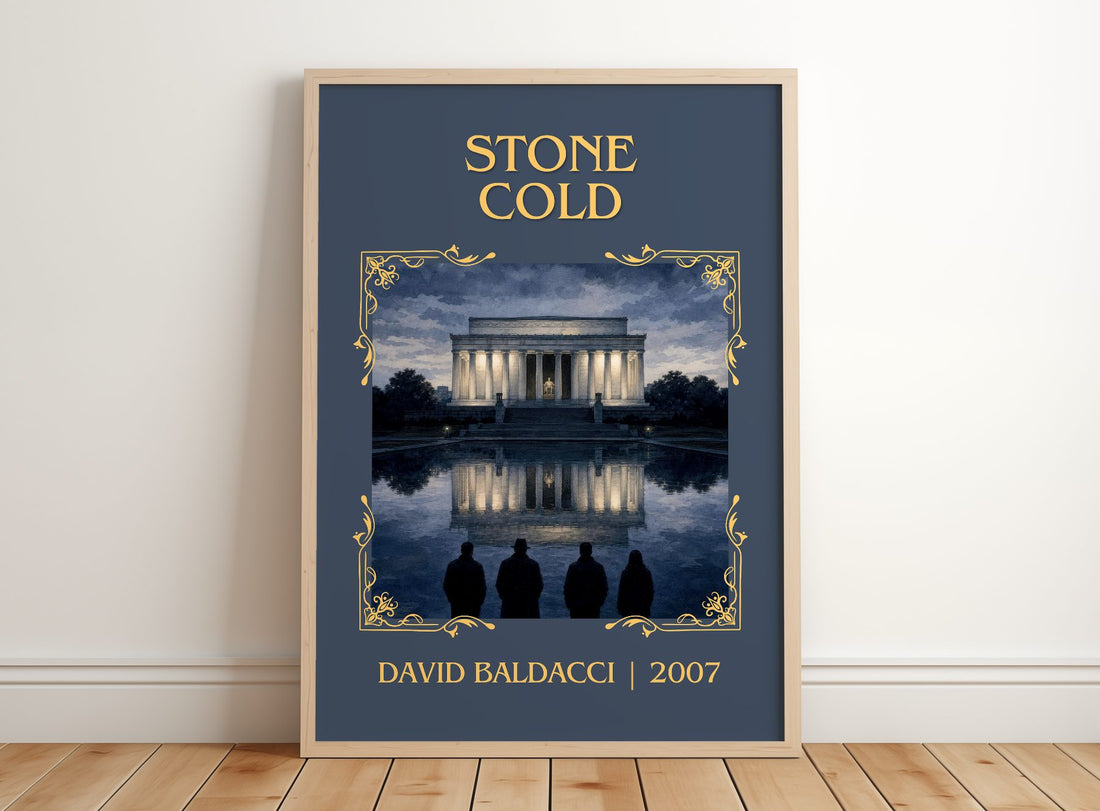 Stone Cold Classic Book Art Print by David Baldacci – framed print leaning on a wooden floor
