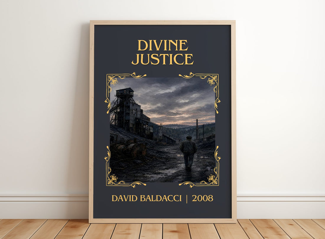 Divine Justice Classic Book Art Print by David Baldacci – framed print leaning on a wooden floor