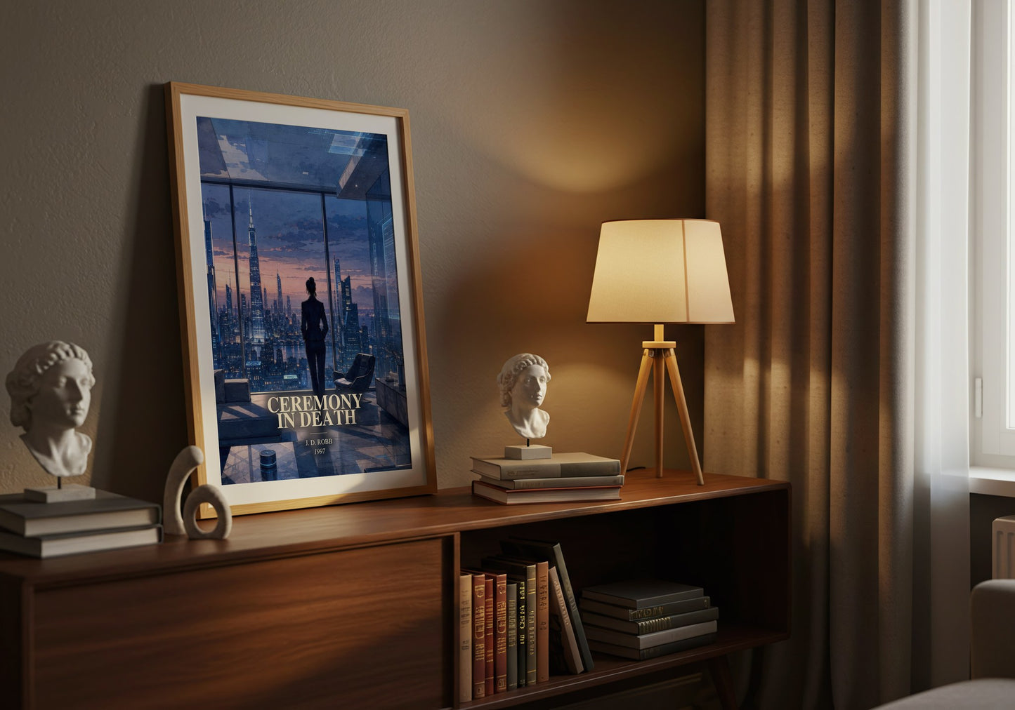 Ceremony In Death watercolour print on bookshelf – J. D. Robb fan gift