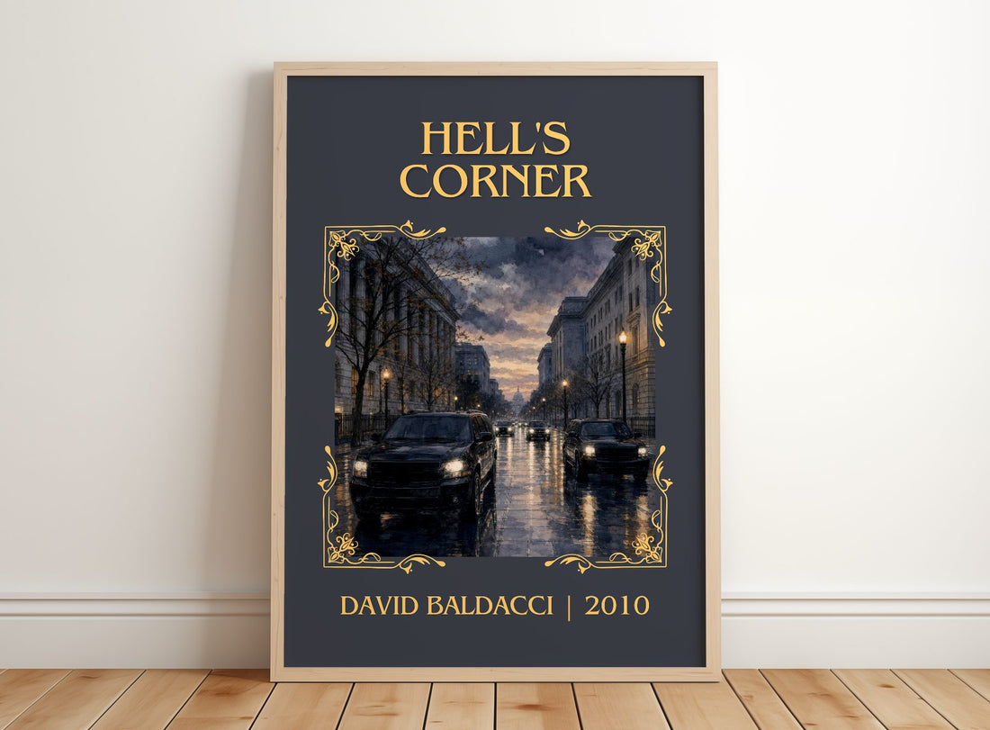 Hell's Corner Classic Book Art Print by David Baldacci – framed print leaning on a wooden floor