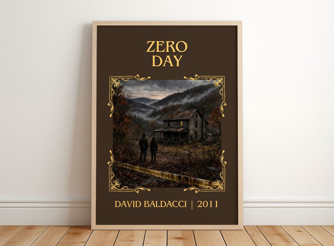 Zero Day Classic Book Art Print by David Baldacci – framed print leaning on a wooden floor