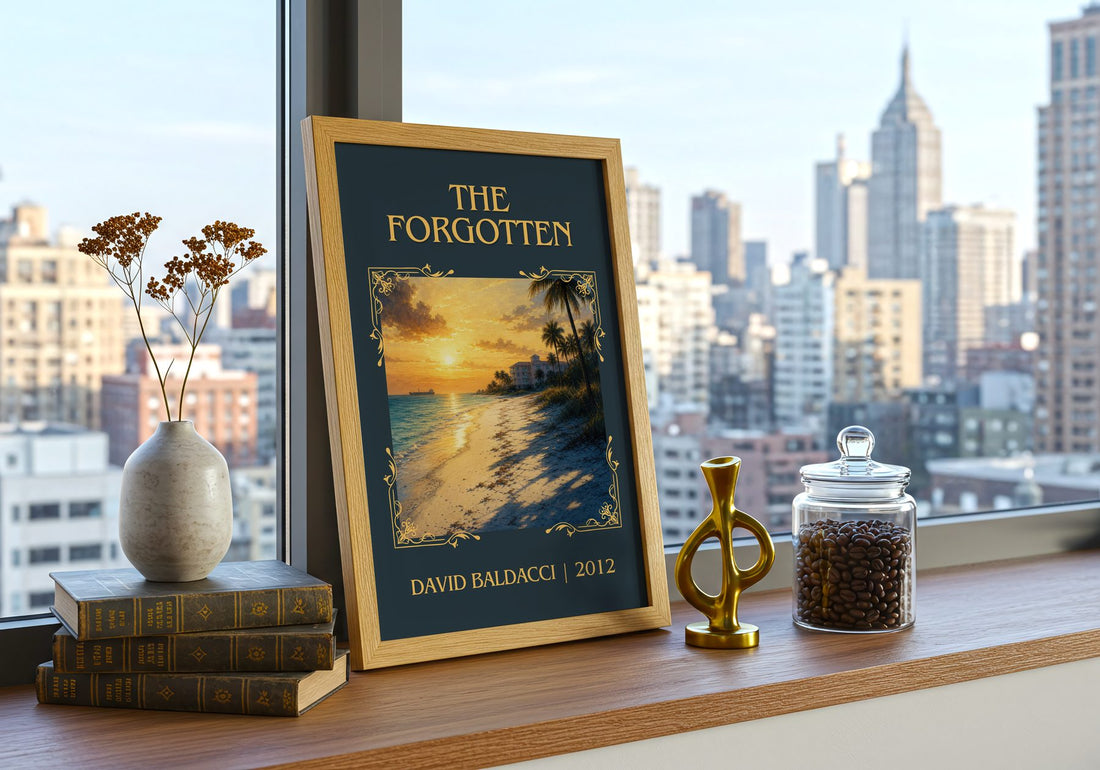 The Forgotten Classic Book Art Print by David Baldacci – framed print on a city-view windowsill