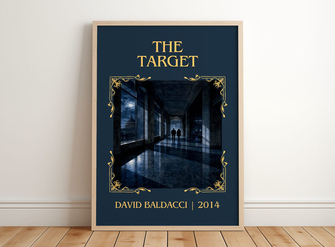 The Target Classic Book Art Print by David Baldacci – framed print leaning on a wooden floor