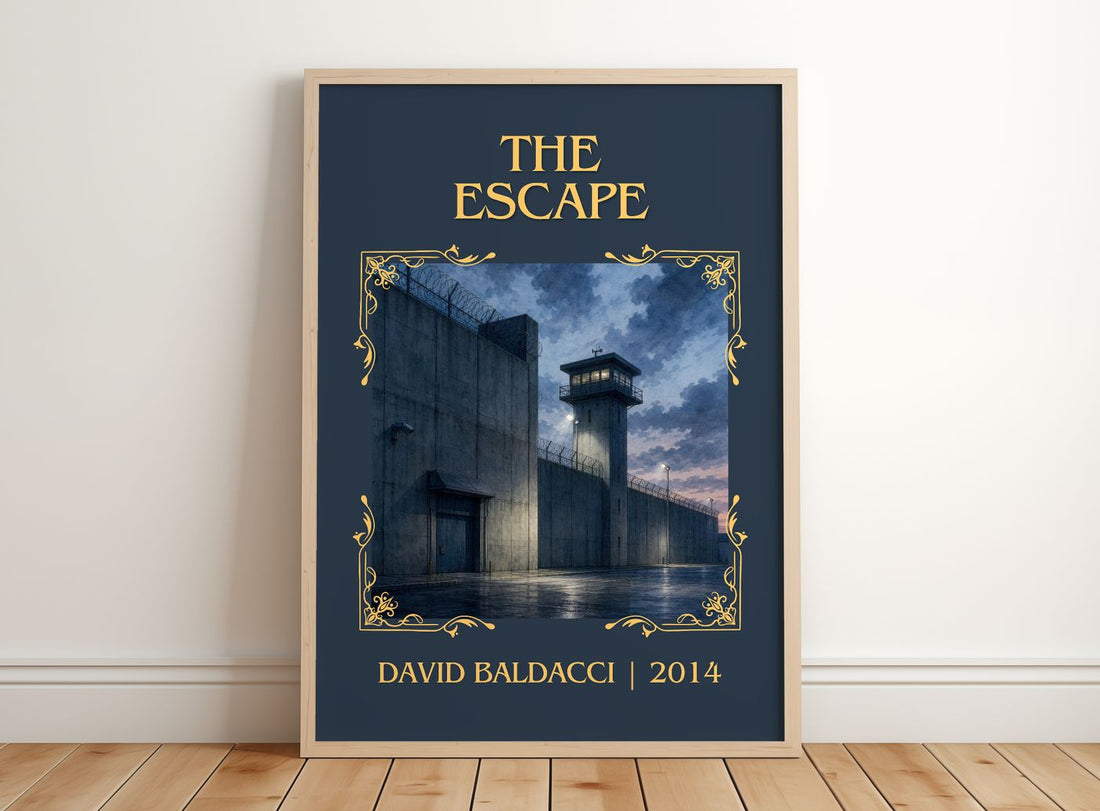 The Escape Classic Book Art Print by David Baldacci – framed print leaning on a wooden floor