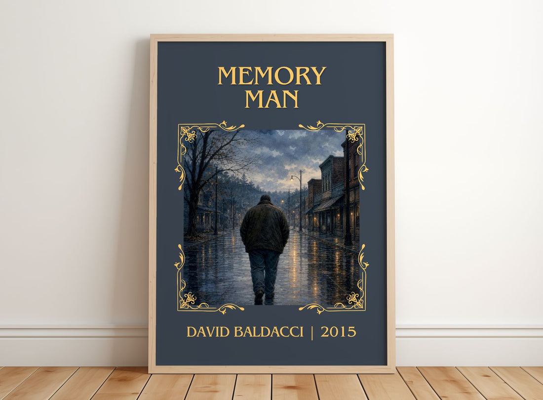 Memory Man Classic Book Art Print by David Baldacci – framed print leaning on a wooden floor