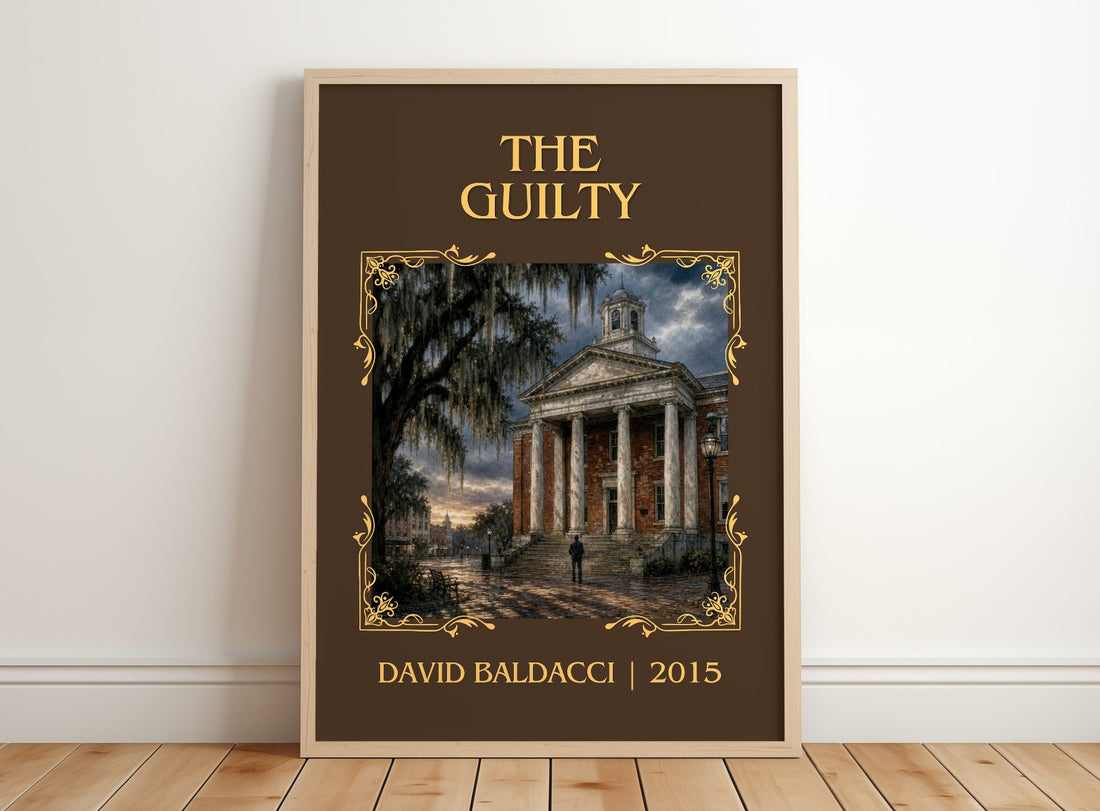 The Guilty Classic Book Art Print by David Baldacci – framed print leaning on a wooden floor