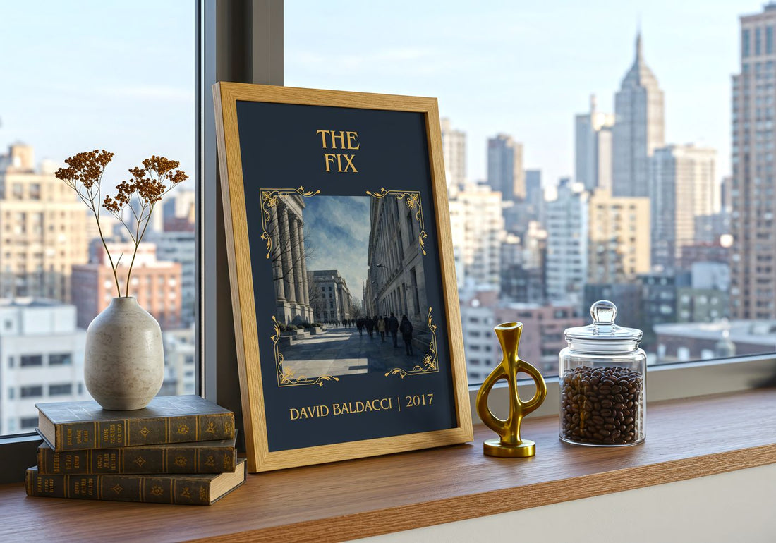 The Fix Classic Book Art Print by David Baldacci – framed print on a city-view windowsill