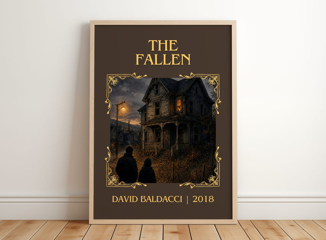 The Fallen Classic Book Art Print by David Baldacci – framed print leaning on a wooden floor