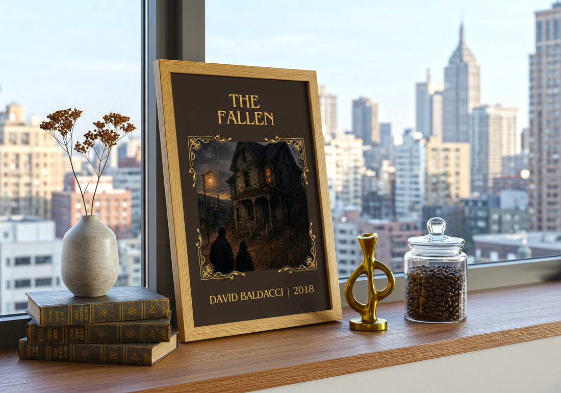 The Fallen Classic Book Art Print by David Baldacci – framed print on a city-view windowsill