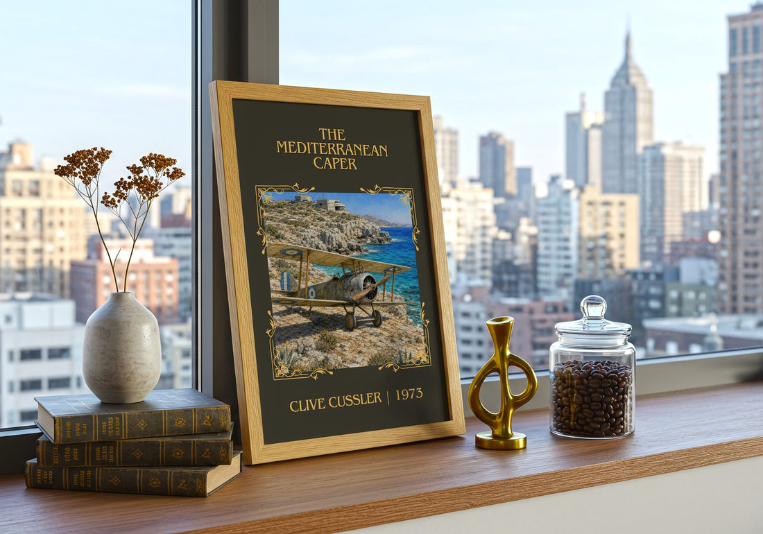 The Mediterranean Caper Classic Book Art Print by Clive Cussler – framed print on a city-view windowsill