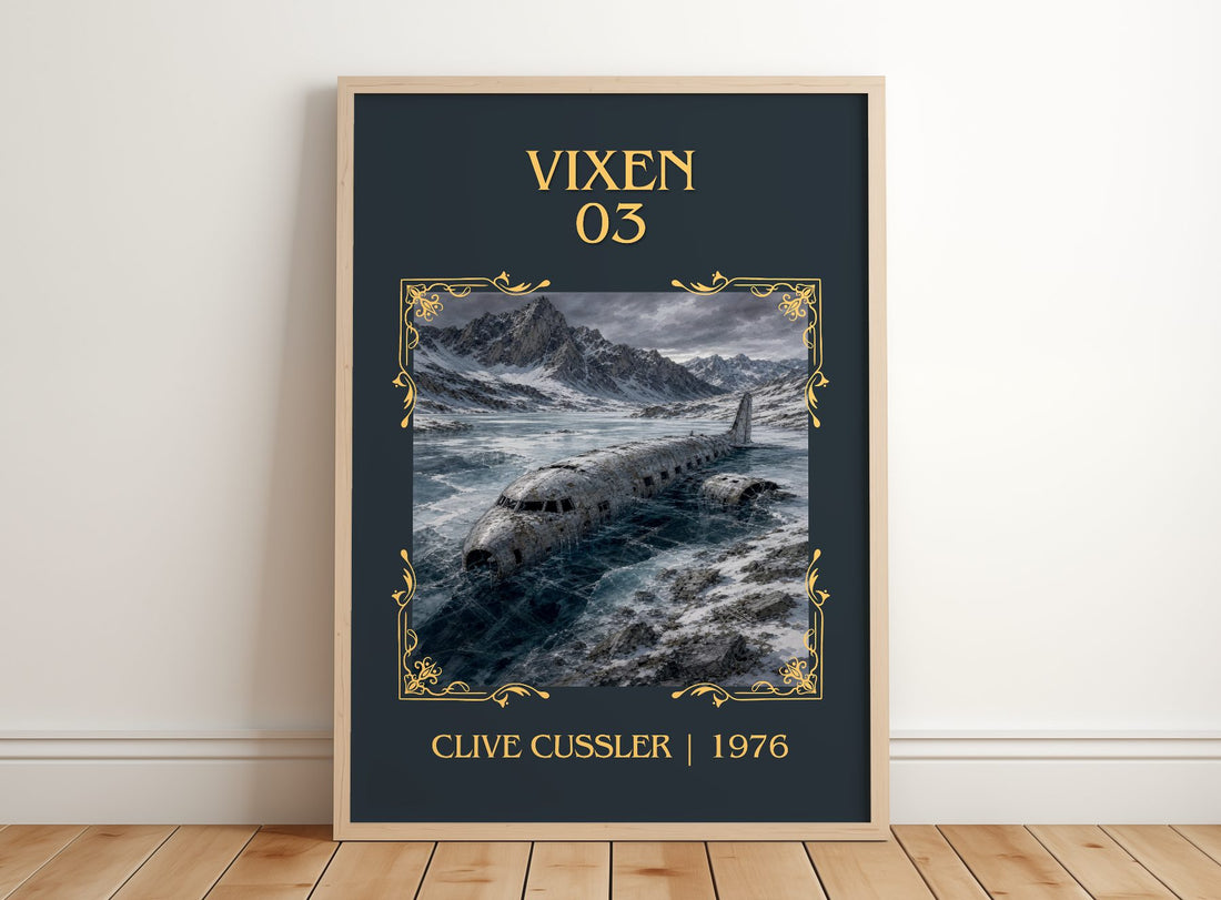 Vixen 03 Classic Book Art Print by Clive Cussler – framed print leaning on a wooden floor