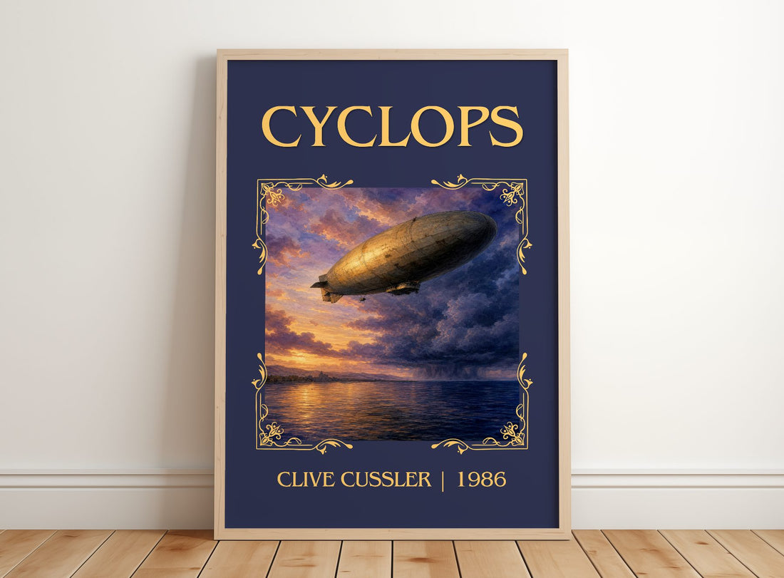 Cyclops Classic Book Art Print by Clive Cussler – framed print leaning on a wooden floor