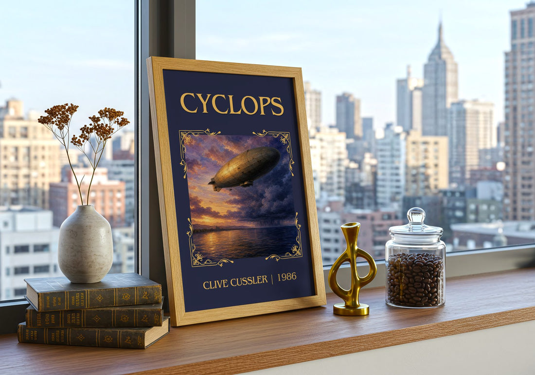 Cyclops Classic Book Art Print by Clive Cussler – framed print on a city-view windowsill